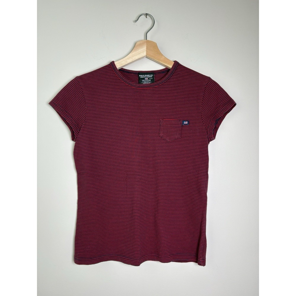 Women's Vintage Polo Jeans Co. Red And Navy Microstriped Pocket T-shirt Size M